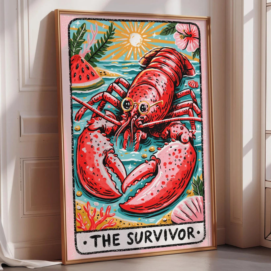 A framed illustration of a lobster, with the text "THE SURVIVOR" below it.