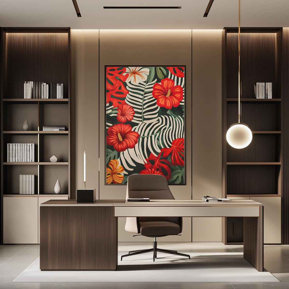 a modern and stylish office space with a large, colorful abstract painting of flowers and leaves on the wall. The office features a wooden desk with a chair, a bookshelf, and a pendant light, creating a comfortable and visually appealing workspace.