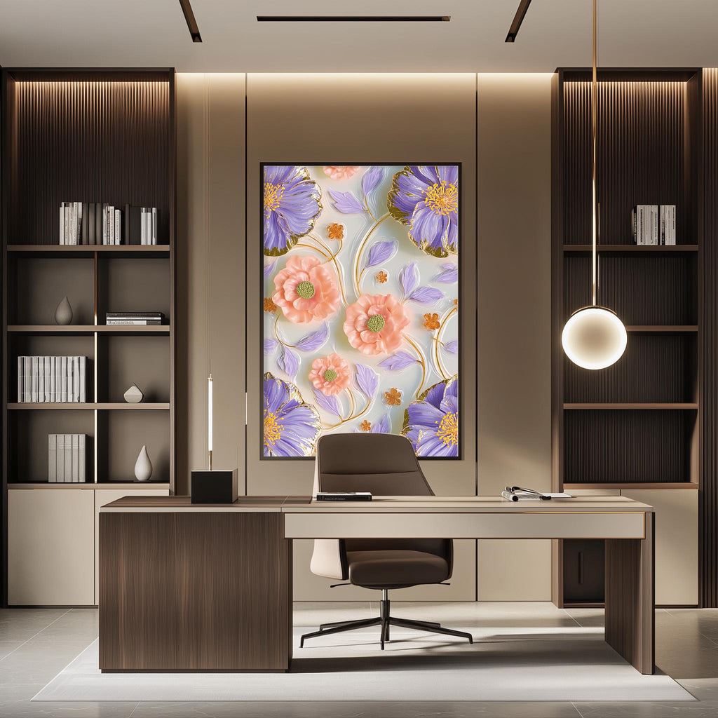 a modern and stylish home office with a large floral print on the wall behind the desk. The desk is positioned in front of the print, creating a focal point in the room. The office also features built-in bookshelves and a pendant light, contributing to the overall contemporary design.