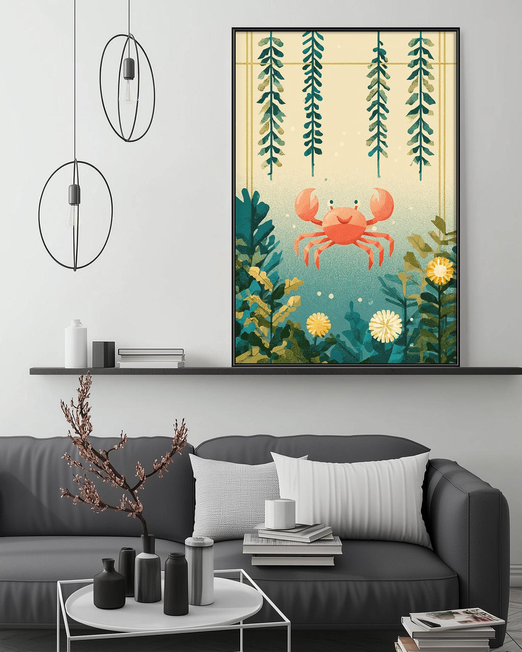 a cozy living room with a gray sofa, a coffee table, and a framed artwork depicting a crab in a lush underwater scene.