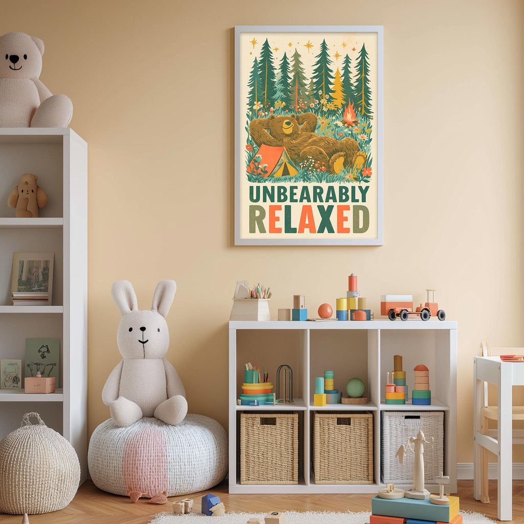 The image is a child's bedroom with a white bookshelf, a stuffed rabbit, and a framed poster on the wall. The poster features a bear and the text "UNBEARably RELAXED".