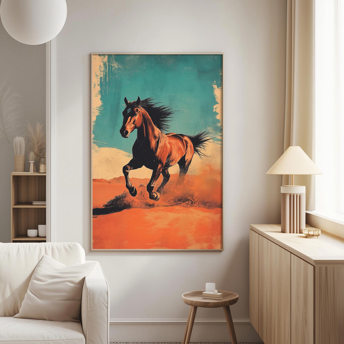 a large painting of a horse in motion, with a vibrant background of orange and blue colors. The painting is displayed on the wall of a living room, with a white couch and a wooden side table visible in the background.
