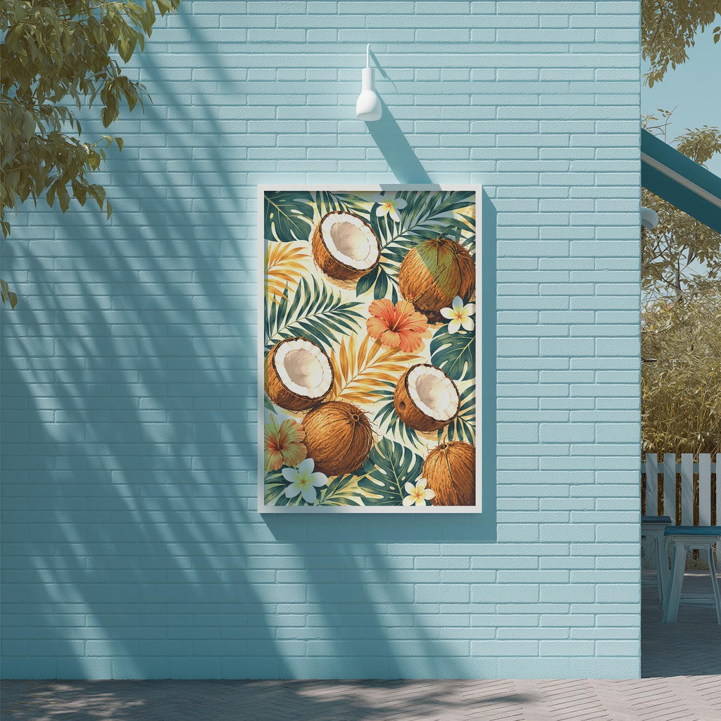 a vibrant tropical scene with a large painting of coconuts, flowers, and leaves hanging on a blue brick wall.