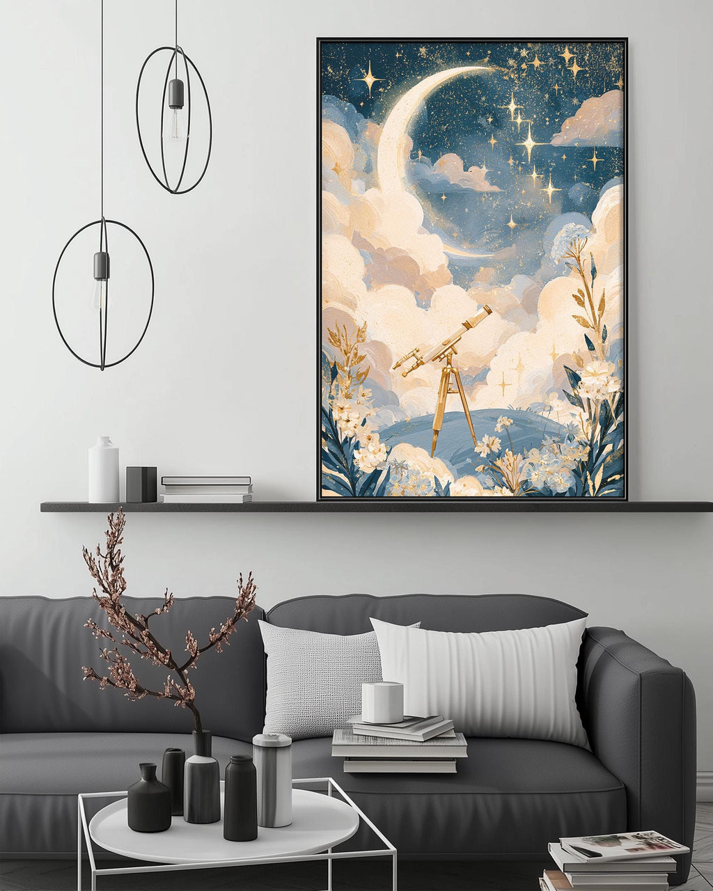 a cozy living room with a gray sofa, a coffee table, and a large framed picture of a starry night sky with a telescope in the foreground.