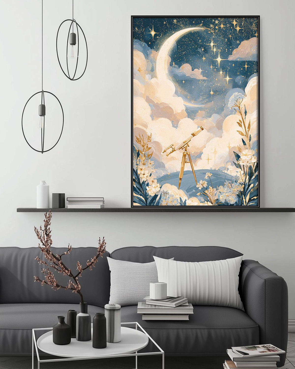 a cozy living room with a gray sofa, a coffee table, and a large framed picture of a starry night sky with a telescope in the foreground.