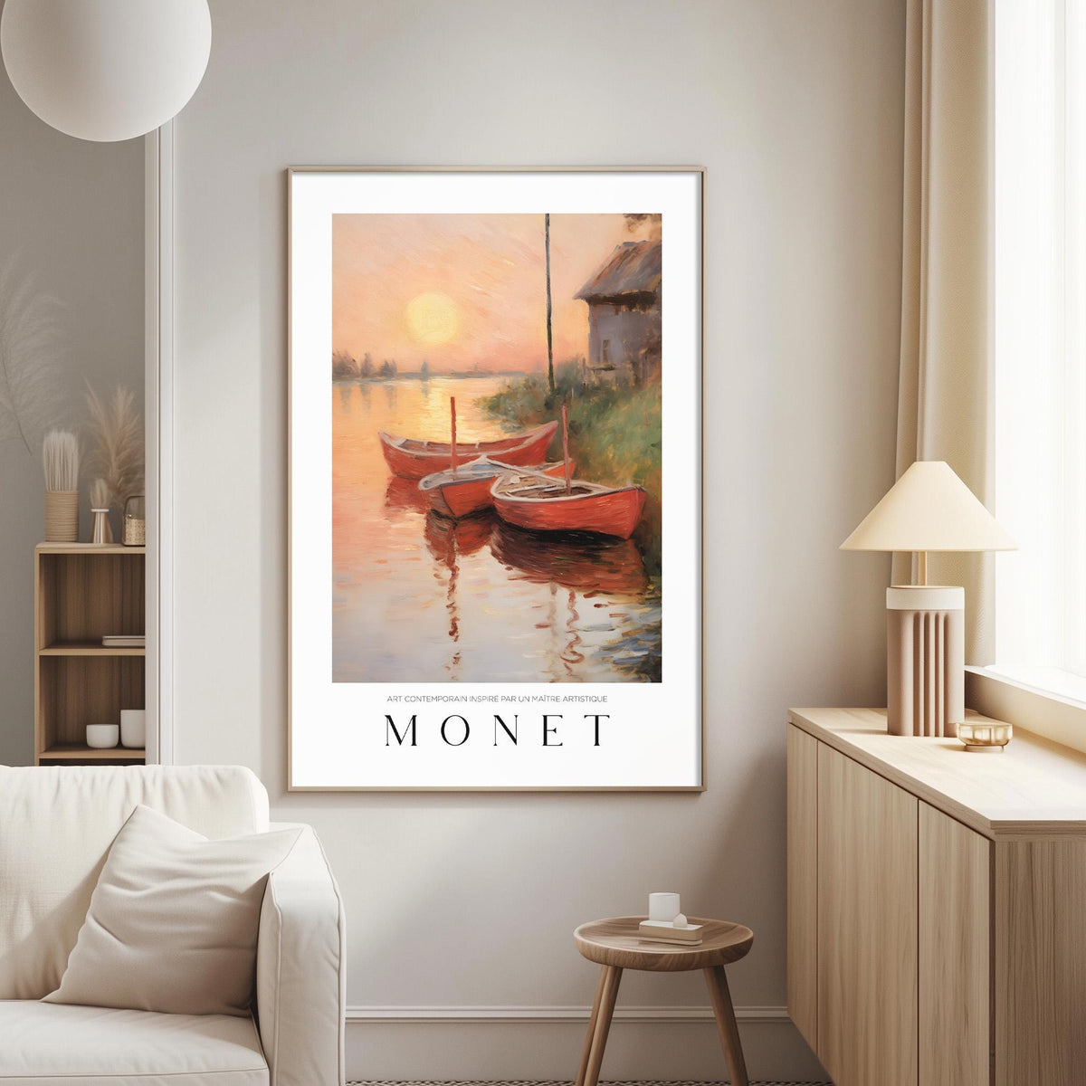 a living room with a large framed painting of a sunset over a river with boats on the water. The painting is hung on the wall above a white couch.