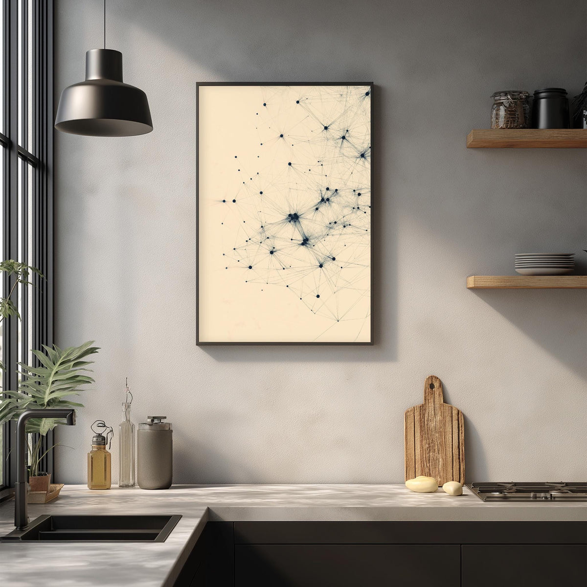a modern kitchen with a minimalist design. The focal point is a framed artwork with a network of lines and dots on a beige background, hanging on the wall above a kitchen counter. The counter is equipped with various kitchen items, including a cutting board, a sink, and a few bottles. The overall color scheme of the kitchen is neutral, with a touch of green from the potted plant and a wooden shelf adding warmth to the space.
