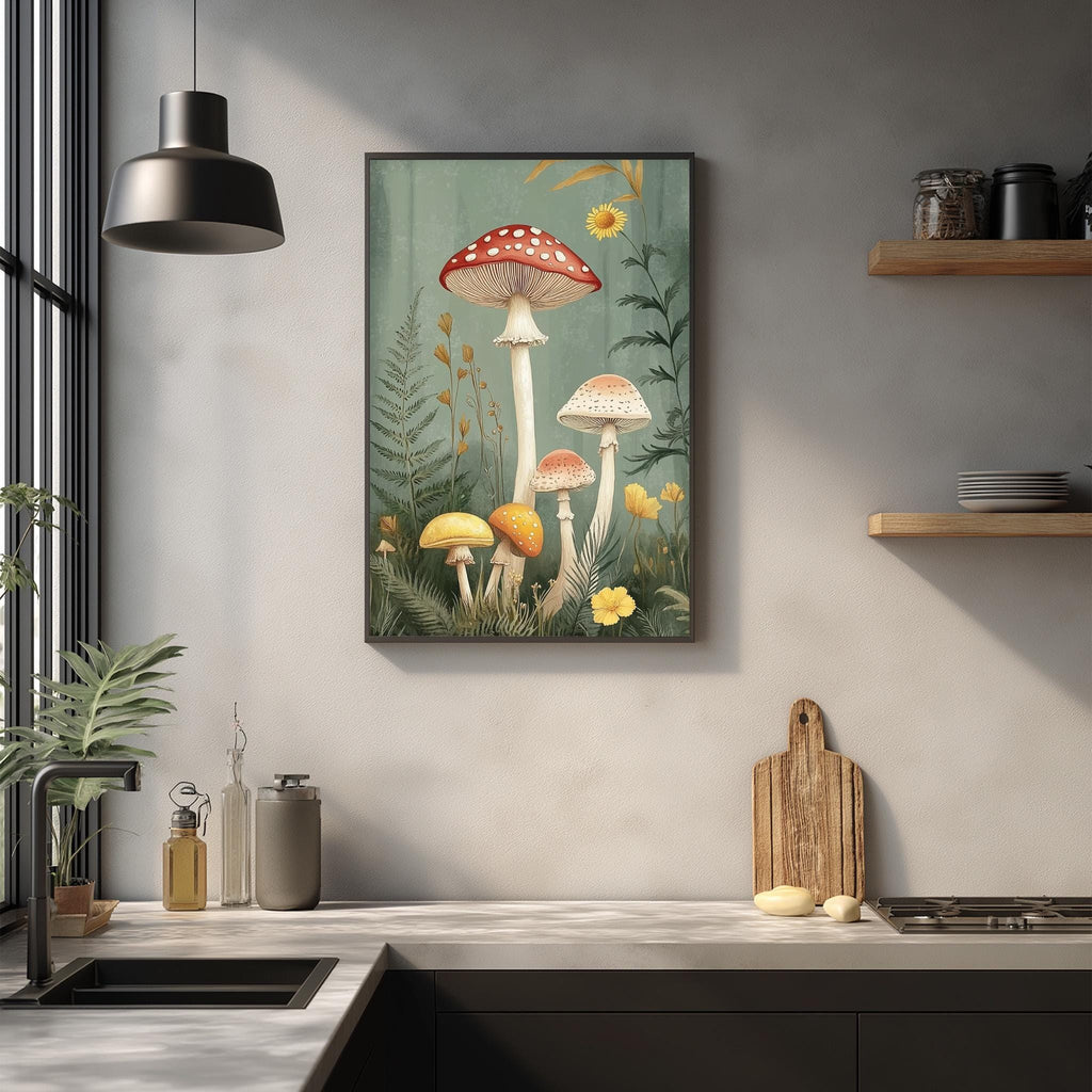 a kitchen counter with a framed painting of mushrooms and plants hanging on the wall above it. The painting is surrounded by various kitchen items, such as a cutting board, a bottle, and a vase.