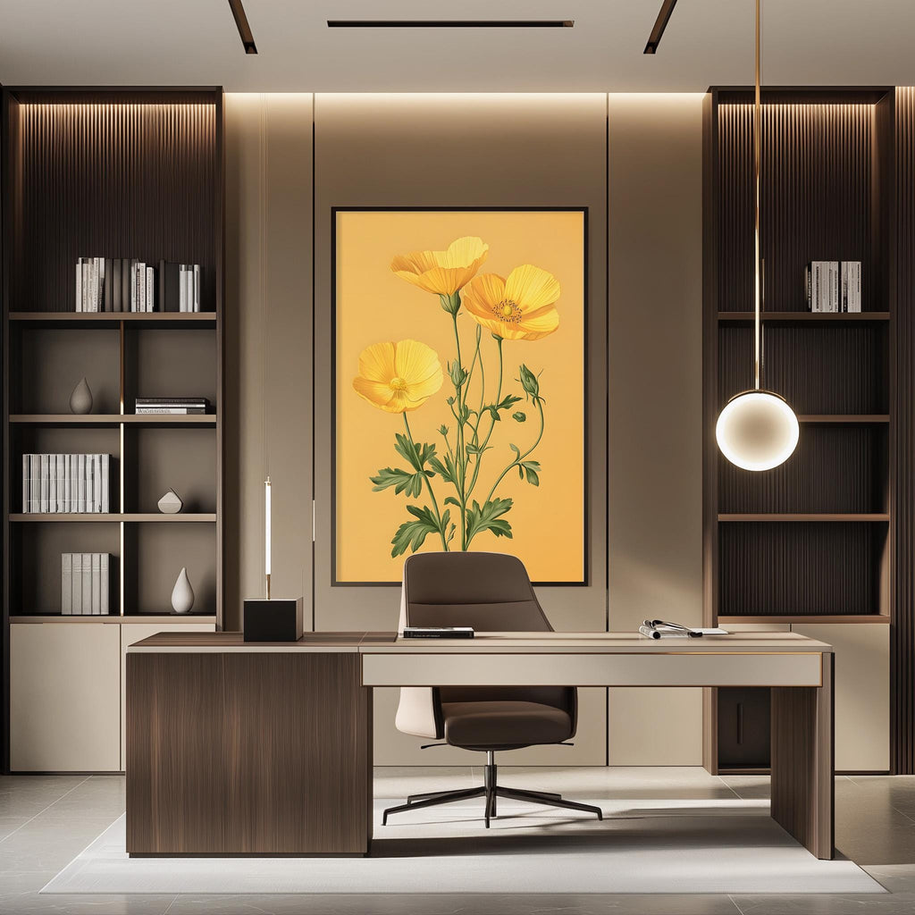 a modern and well-lit office space with a large framed print of yellow flowers on the wall, a wooden desk with a chair, and built-in bookshelves.