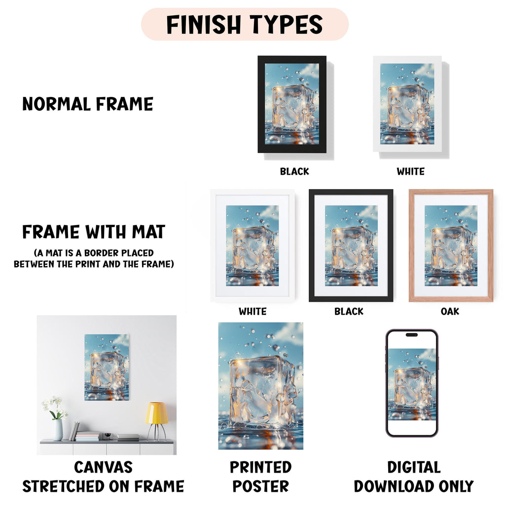 various types of artwork, including a normal frame, a frame with a mat, a white frame, a black frame, an oak frame, a white canvas stretched on a frame, a printed poster, and a digital download only.