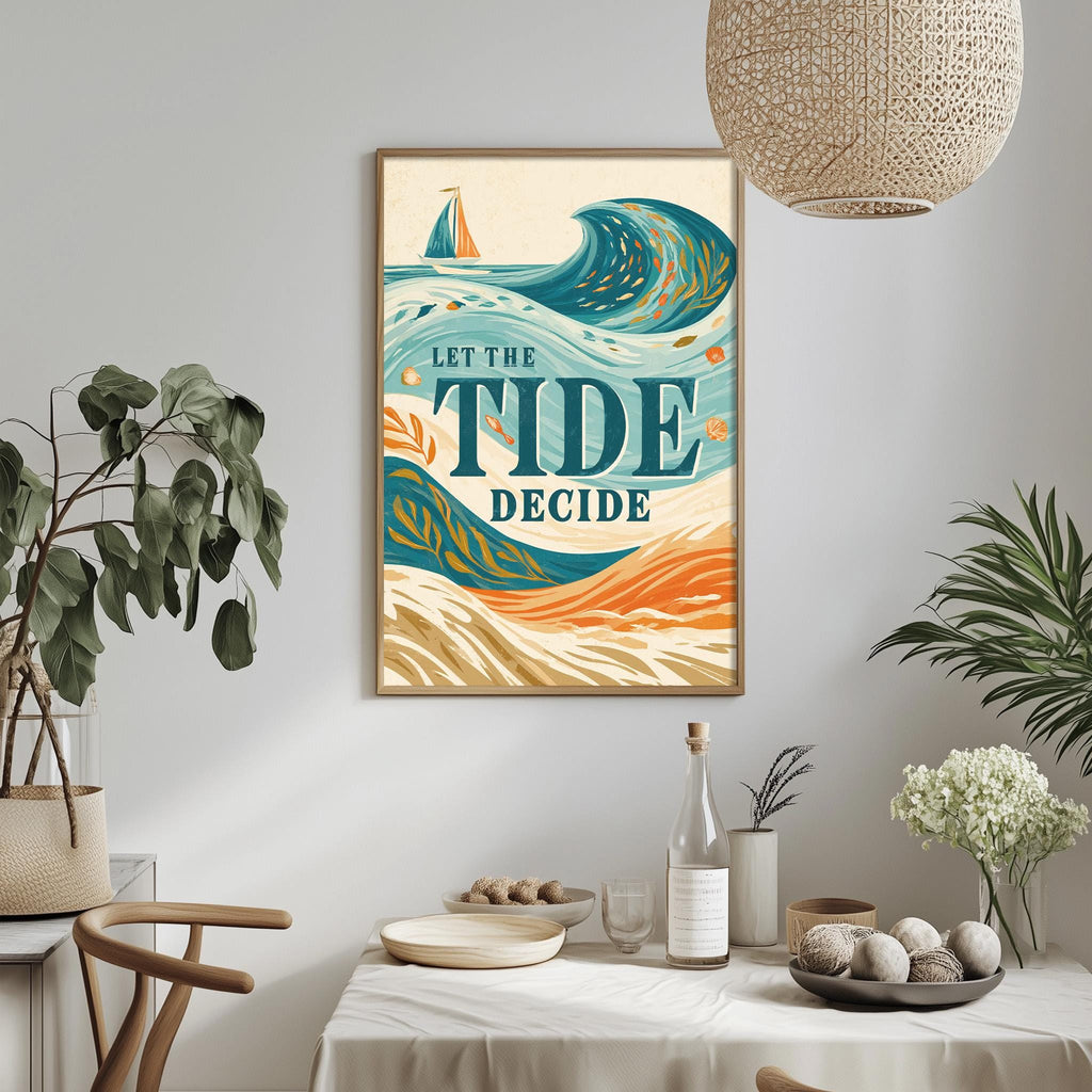 a framed poster with a vibrant illustration of a sailboat on a wave, accompanied by the text "LET THE TIDE DECIDE" displayed prominently. The poster is hung on a wall above a dining table, which is set with various items such as a bottle, a bowl, and a vase. The room is decorated with potted plants and other decorative elements, creating a cozy and inviting atmosphere.
