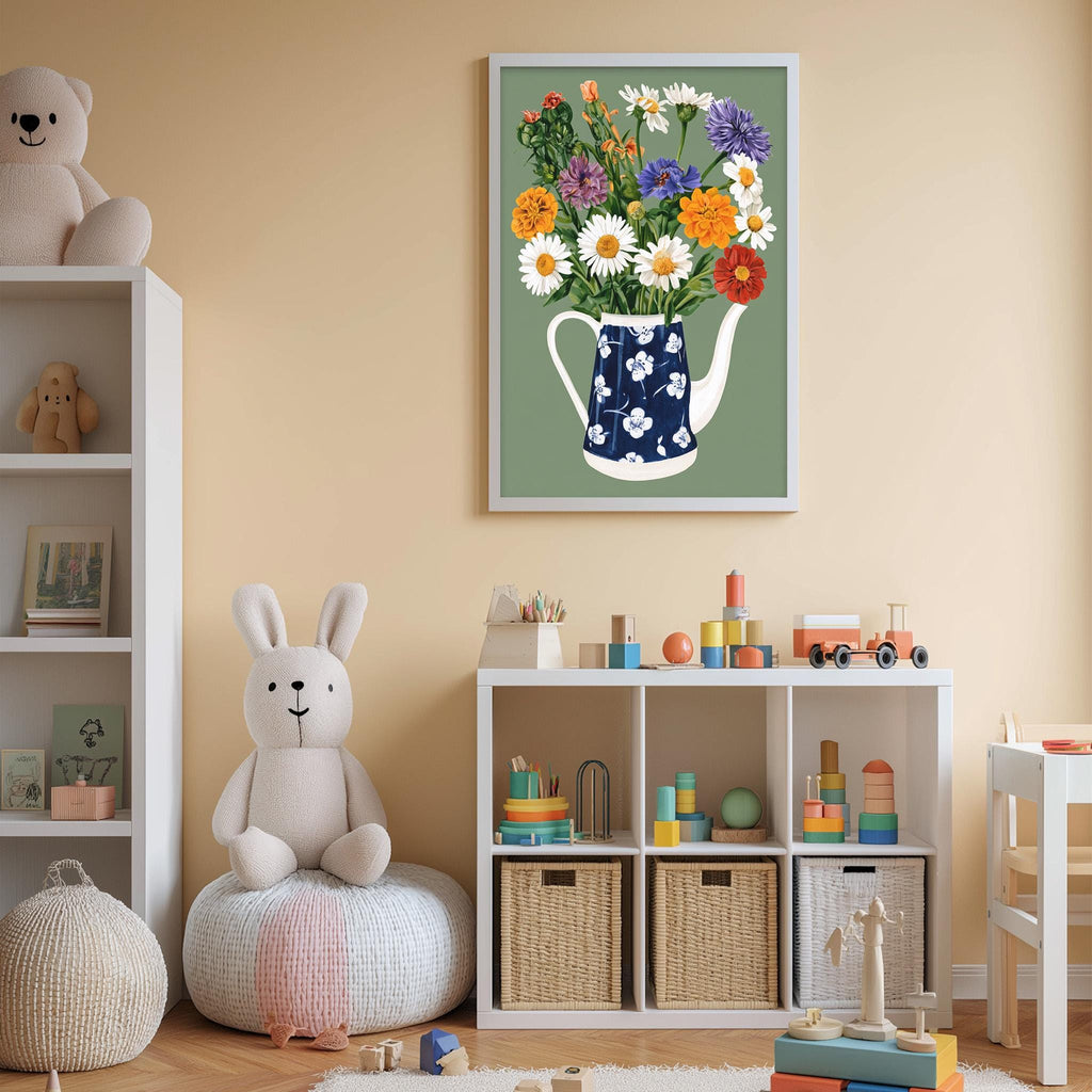 A cozy children's room with a white bookshelf, a plush rabbit, a colorful vase with flowers, and a toy train set.