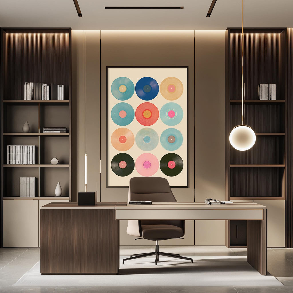 a modern and stylish office space with a large abstract painting featuring colorful circles on the wall behind a desk with a chair.