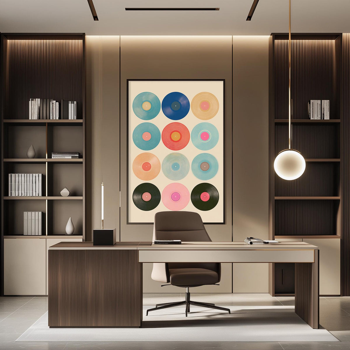 a modern and stylish office space with a large abstract painting featuring colorful circles on the wall behind a desk with a chair.