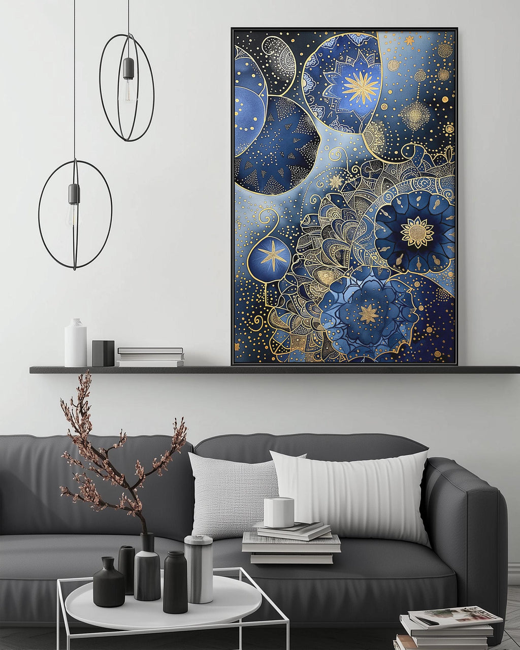 a modern living room with a gray sofa, a coffee table, and a large abstract painting hanging on the wall above the sofa.