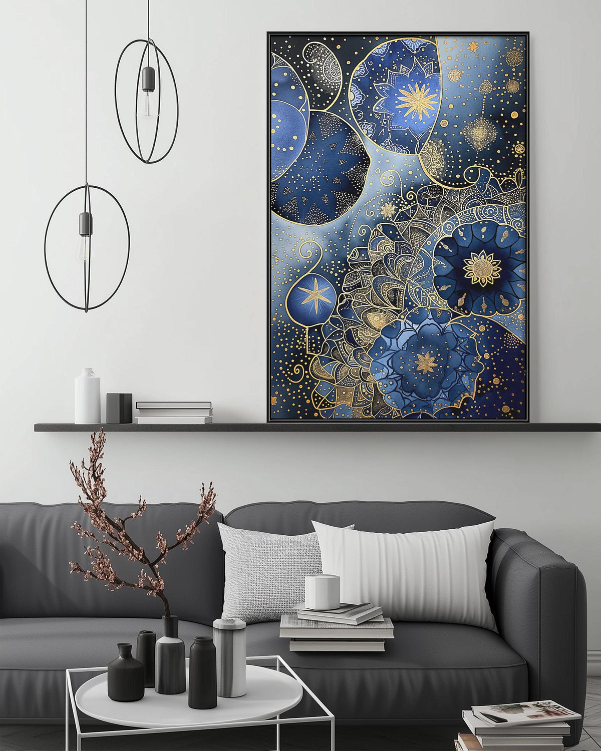 a modern living room with a gray sofa, a coffee table, and a large abstract painting hanging on the wall above the sofa.