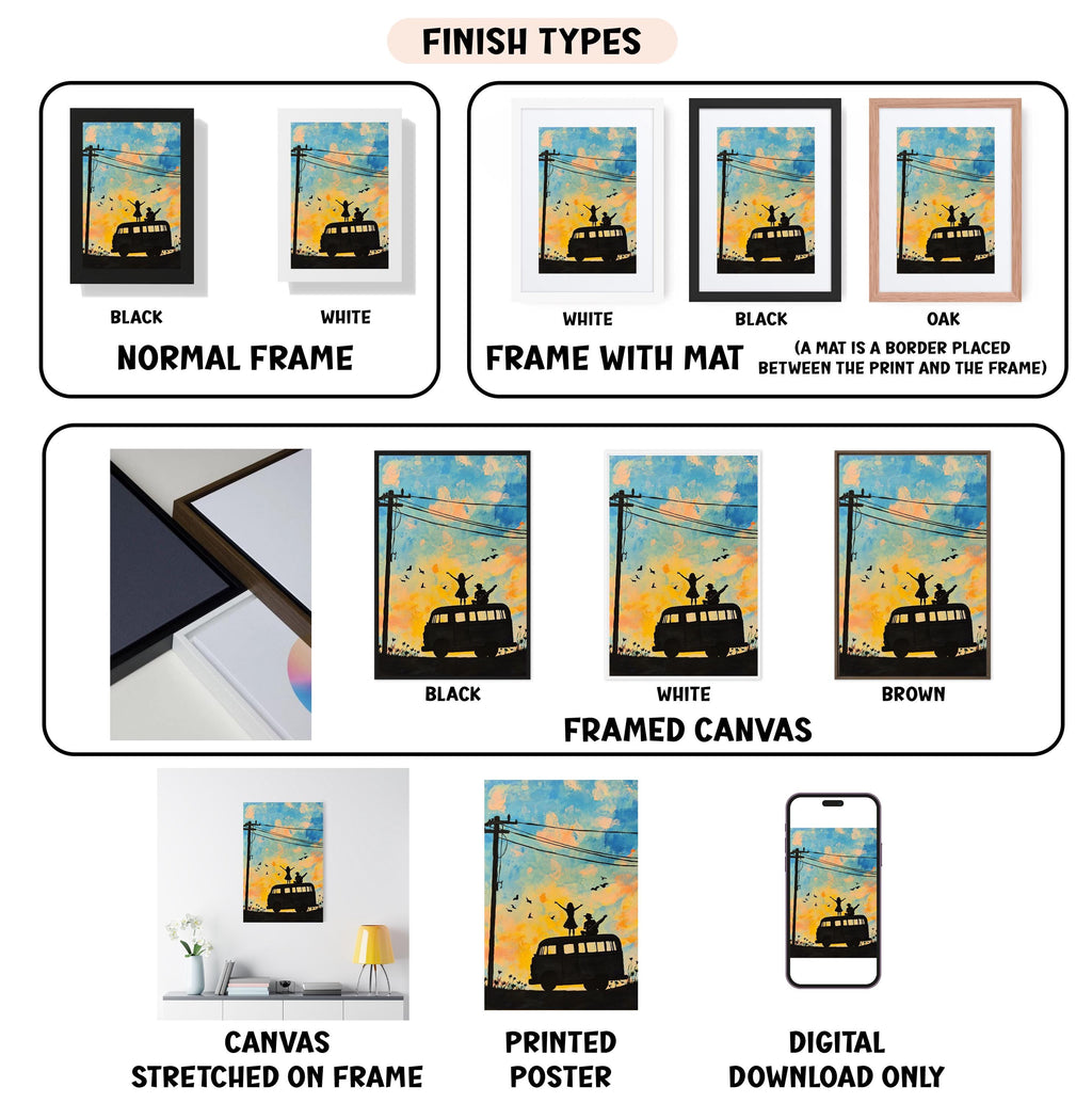 various types of artwork, including paintings and framed prints, with different finishes and mat colors. It also includes a digital image of a poster and a canvas stretched on a frame.