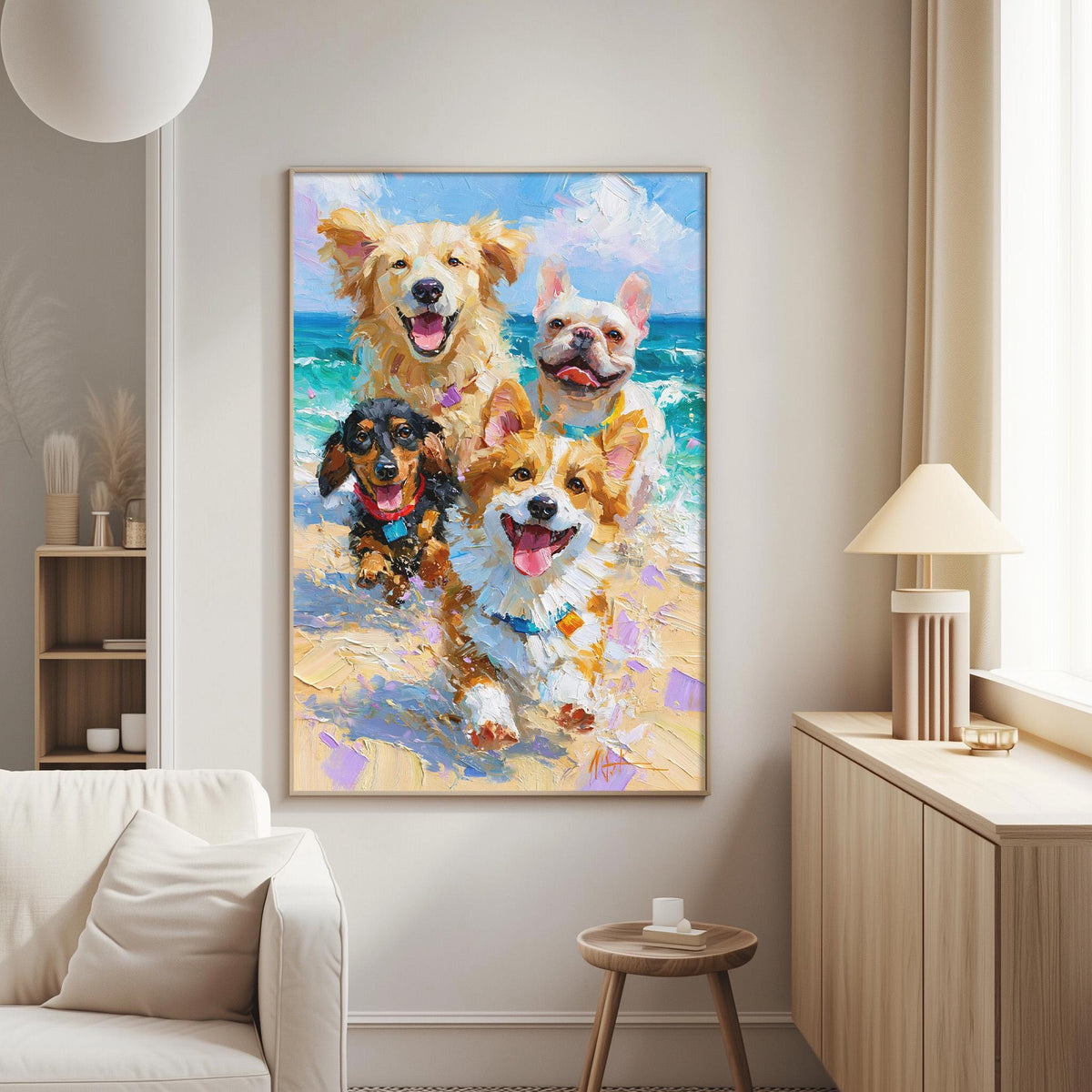 a large painting of four dogs, including a golden retriever, a corgi, a dachshund, and a poodle, all smiling and enjoying themselves in a beach setting.