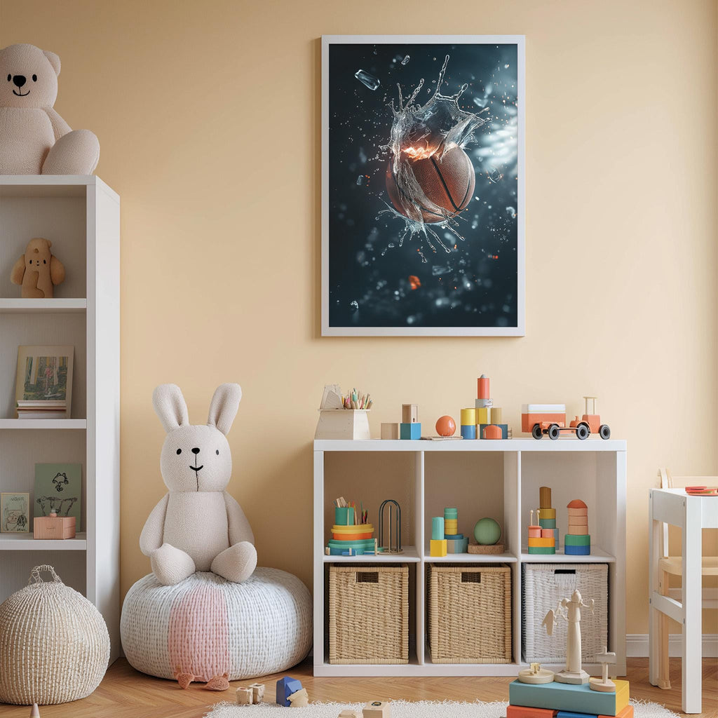 A child's bedroom with a white bookshelf, a stuffed rabbit, and a basketball-themed poster on the wall.