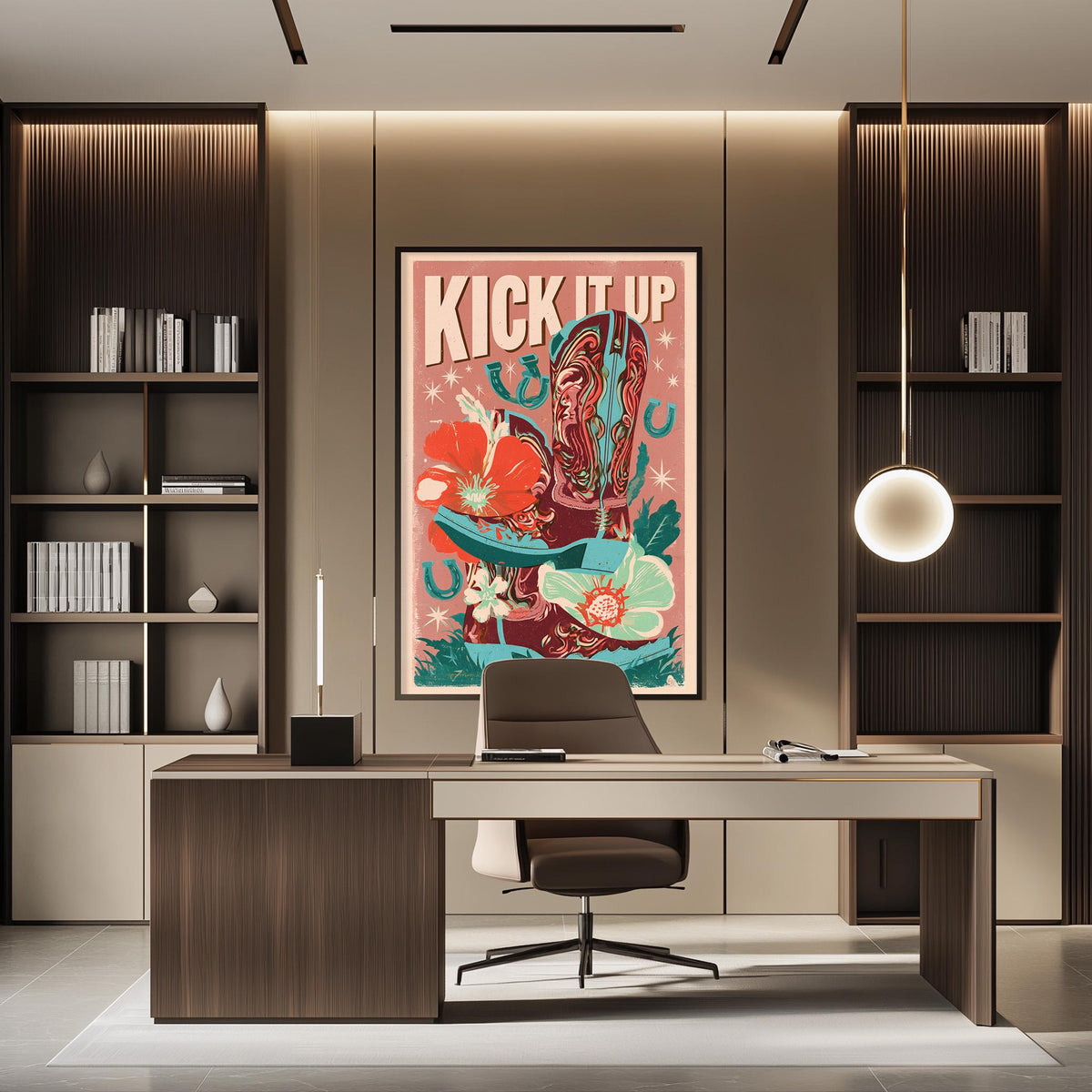 a modern office space with a large framed poster on the wall that says "KICK IT UP". The office has a wooden desk, a chair, and a bookshelf. The overall design and decor of the space create a professional and stylish atmosphere.