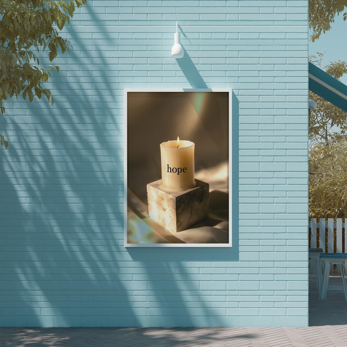 A framed image of a lit candle on a brick wall, with the word "hope" written on it.