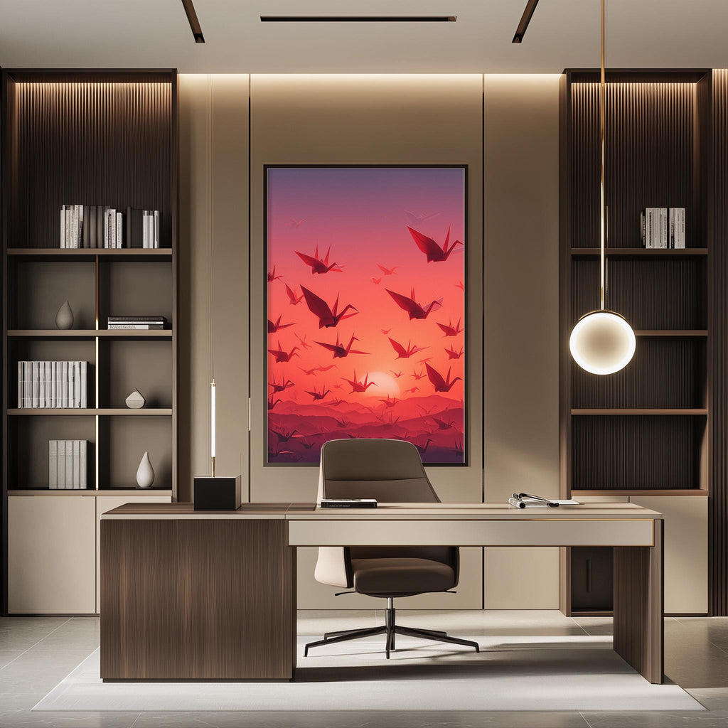 a modern and minimalist office space with a large framed artwork of cranes flying over a sunset in the background. The office features a wooden desk, a comfortable chair, and a bookshelf filled with books and decorative items.