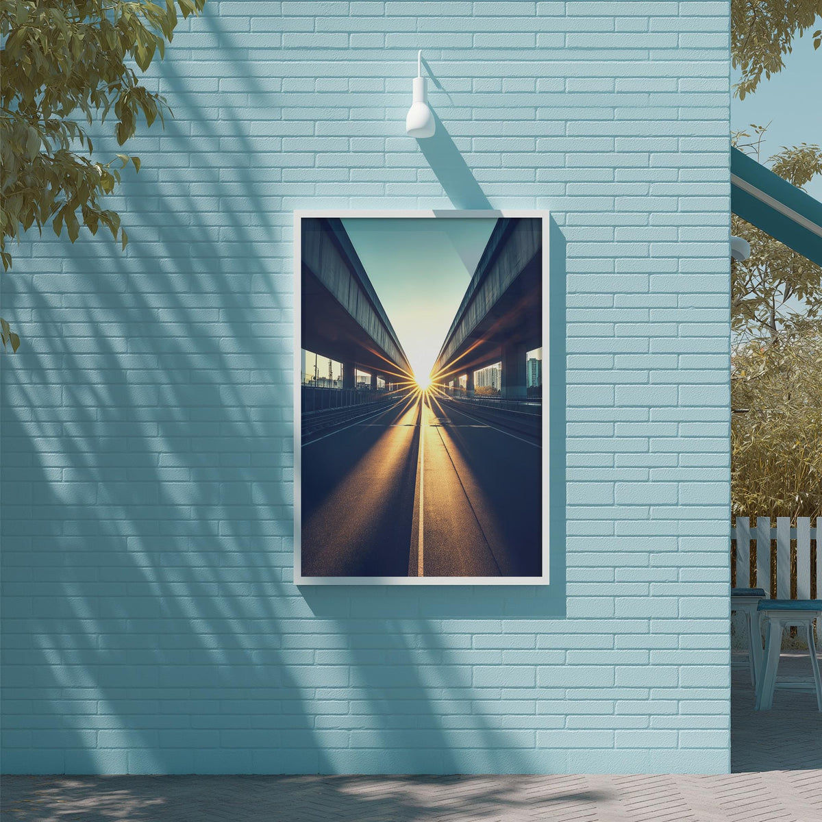 a large framed picture of a city street with a sunlit sky, hanging on a light blue brick wall.