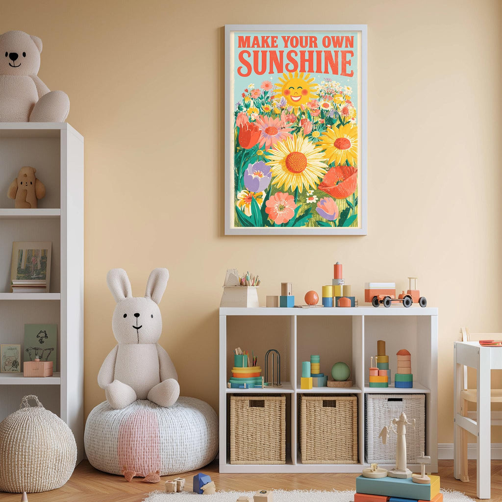 A child's bedroom with a white bookshelf, a stuffed rabbit, and a colorful poster on the wall. The poster features a sun and flowers design with the text "MAKE YOUR OWN SUNSHINE".