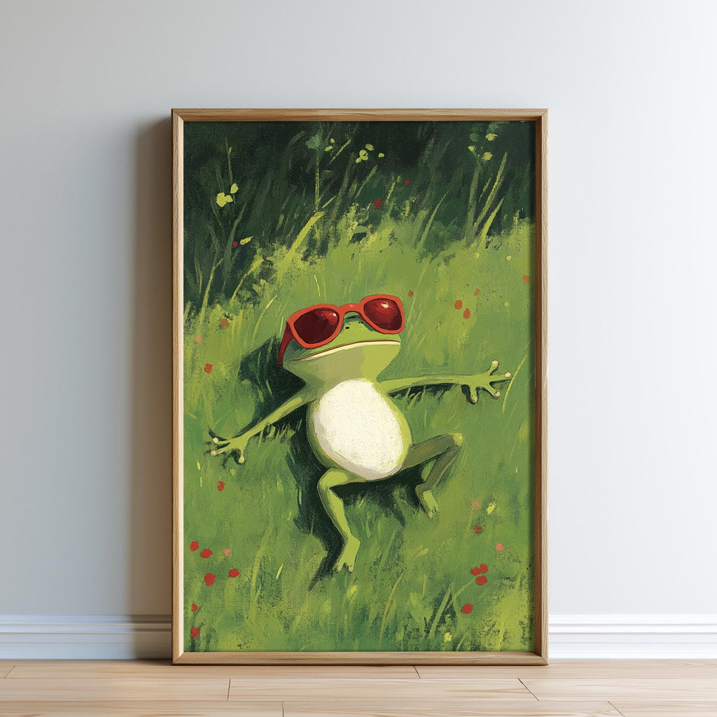 A framed painting depicting a green frog wearing red sunglasses, lying on a grassy field with red flowers.