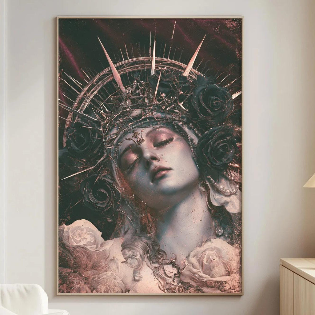 a large, ornate painting of a woman's face with a crown and floral elements, hanging on a wall in a living room setting.