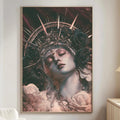 a large, ornate painting of a woman's face with a crown and floral elements, hanging on a wall in a living room setting.
