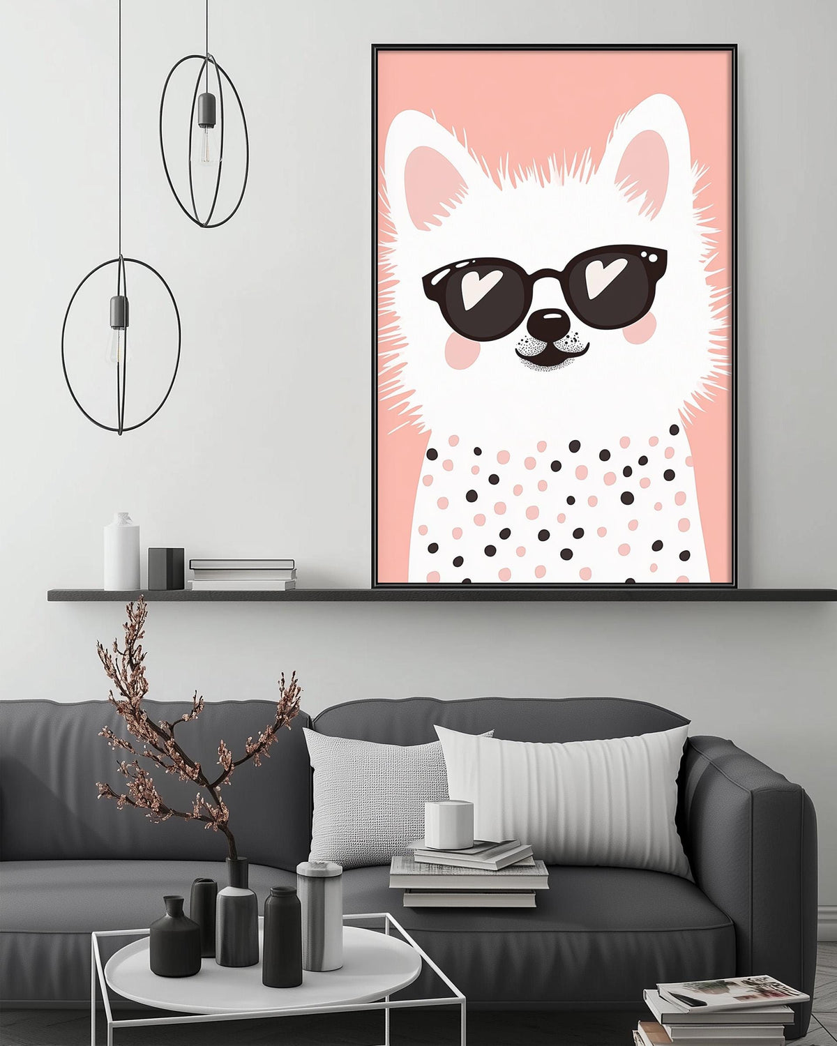 a cozy living room with a gray couch, a coffee table, and a large framed poster of a white dog wearing sunglasses and a polka dot shirt hanging on the wall above the couch.