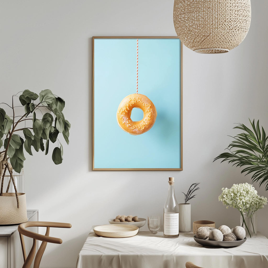 a dining table with a bowl of fruit, a bottle, and a vase of flowers, along with a framed picture of a donut hanging on the wall.