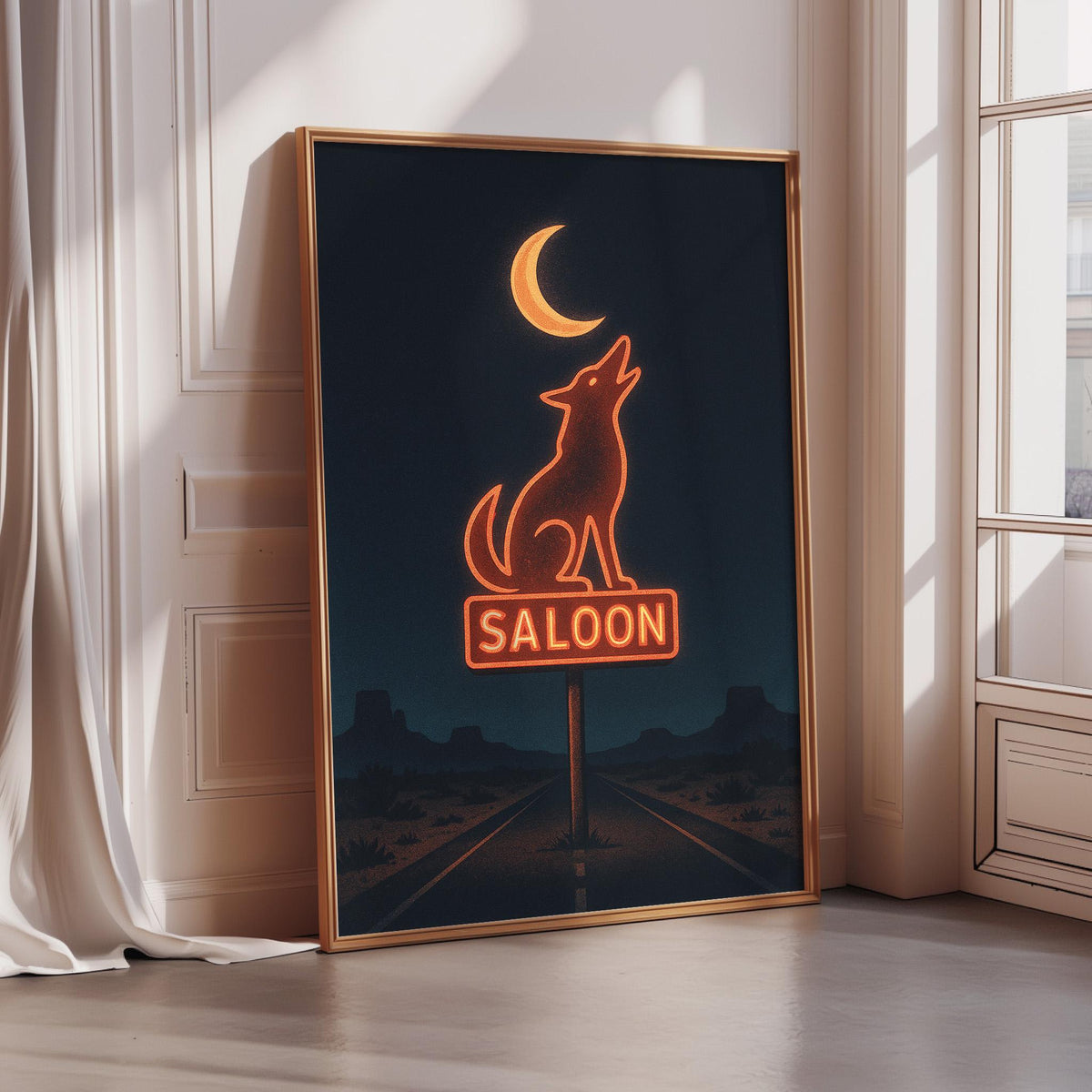 a framed neon sign with a wolf silhouette and the word "Saloon" on it, placed on a wooden floor against a white wall.