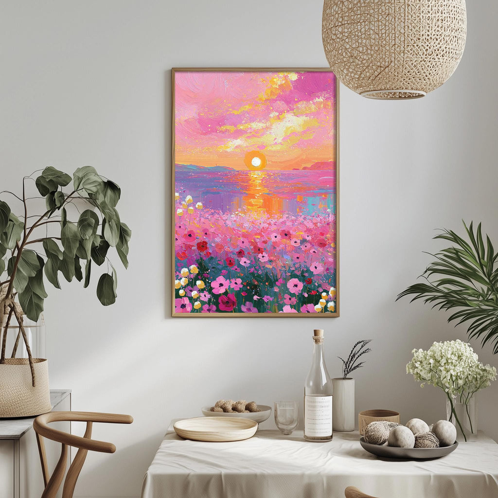 a vibrant painting of a sunset over a field of flowers, hanging on a wall above a dining table. The table is set with various items, including a bottle, a bowl, and a vase, creating a cozy and inviting atmosphere.