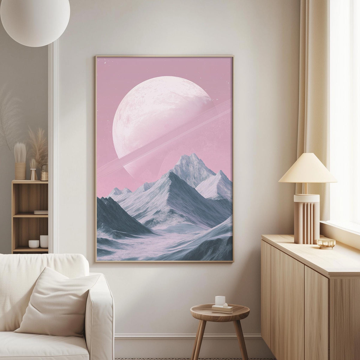 a large, vibrant pink and purple landscape painting hanging on a wall in a living room.