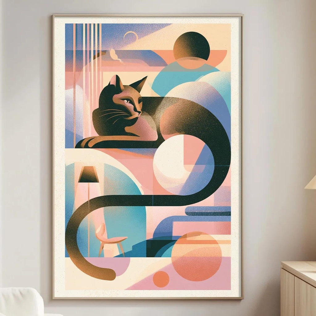 a modern art piece hanging on a wall in a living room, depicting a cat in a surreal, abstract style with vibrant colors and geometric shapes.