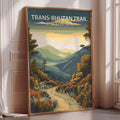 a poster of the Trans-Bhutan Trail in Bhutan, with a scenic mountain landscape and a winding path.