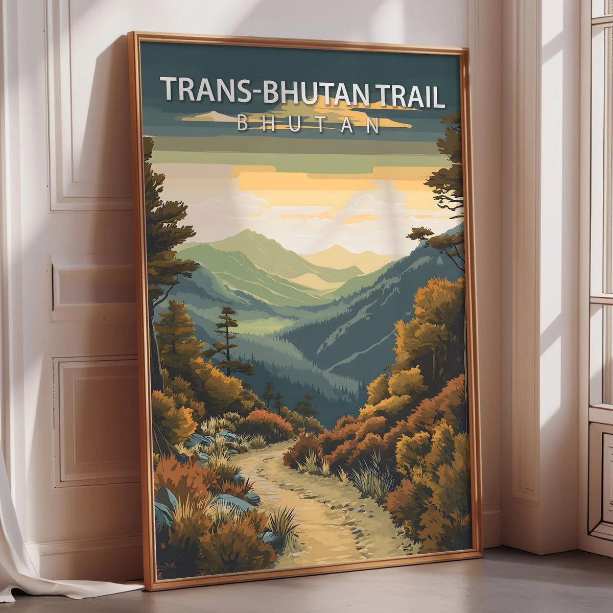 a poster of the Trans-Bhutan Trail in Bhutan, with a scenic mountain landscape and a winding path.