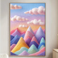 a large, colorful painting of mountains with a vibrant, dreamlike sky above them. The painting is hung on a wall in a living room setting, with a white couch and a wooden side table nearby.