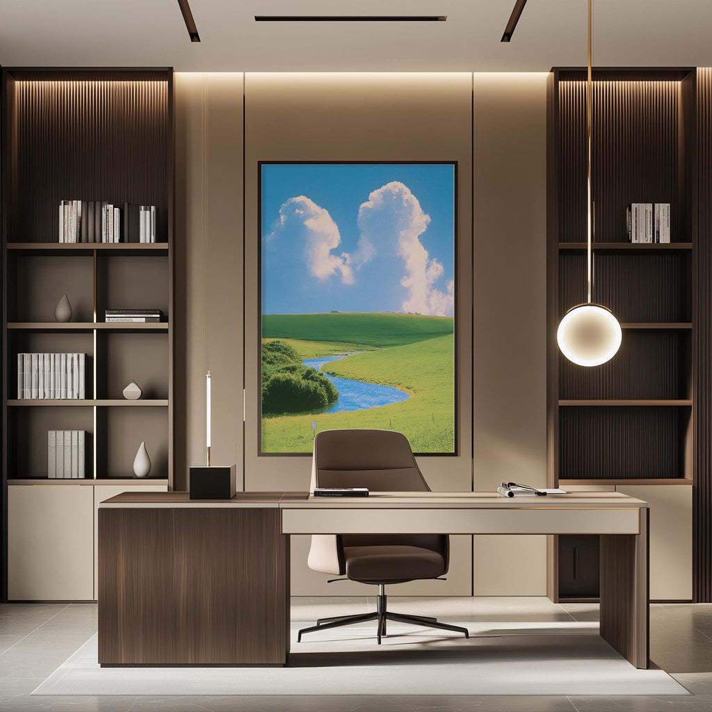 a modern office space with a large framed landscape painting on the wall, a wooden desk with a chair, and built-in bookshelves.