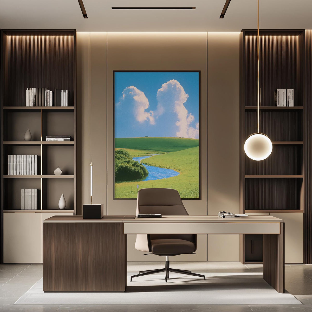 a modern office space with a large framed landscape painting on the wall, a wooden desk with a chair, and built-in bookshelves.