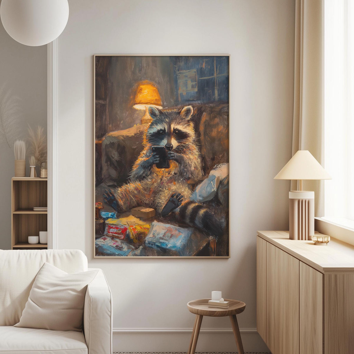 a raccoon sitting on a chair in a cozy living room, holding a cup and surrounded by various objects.