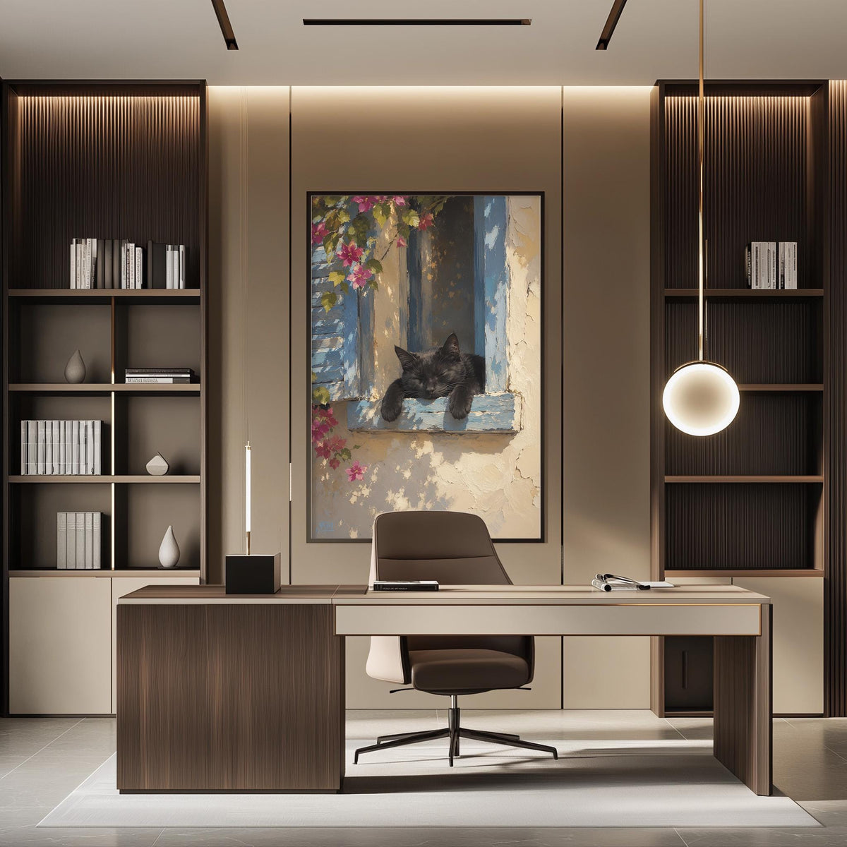 a modern and stylish home office with a large window, a wooden desk, a comfortable chair, and a framed artwork of a cat resting in a window sill.