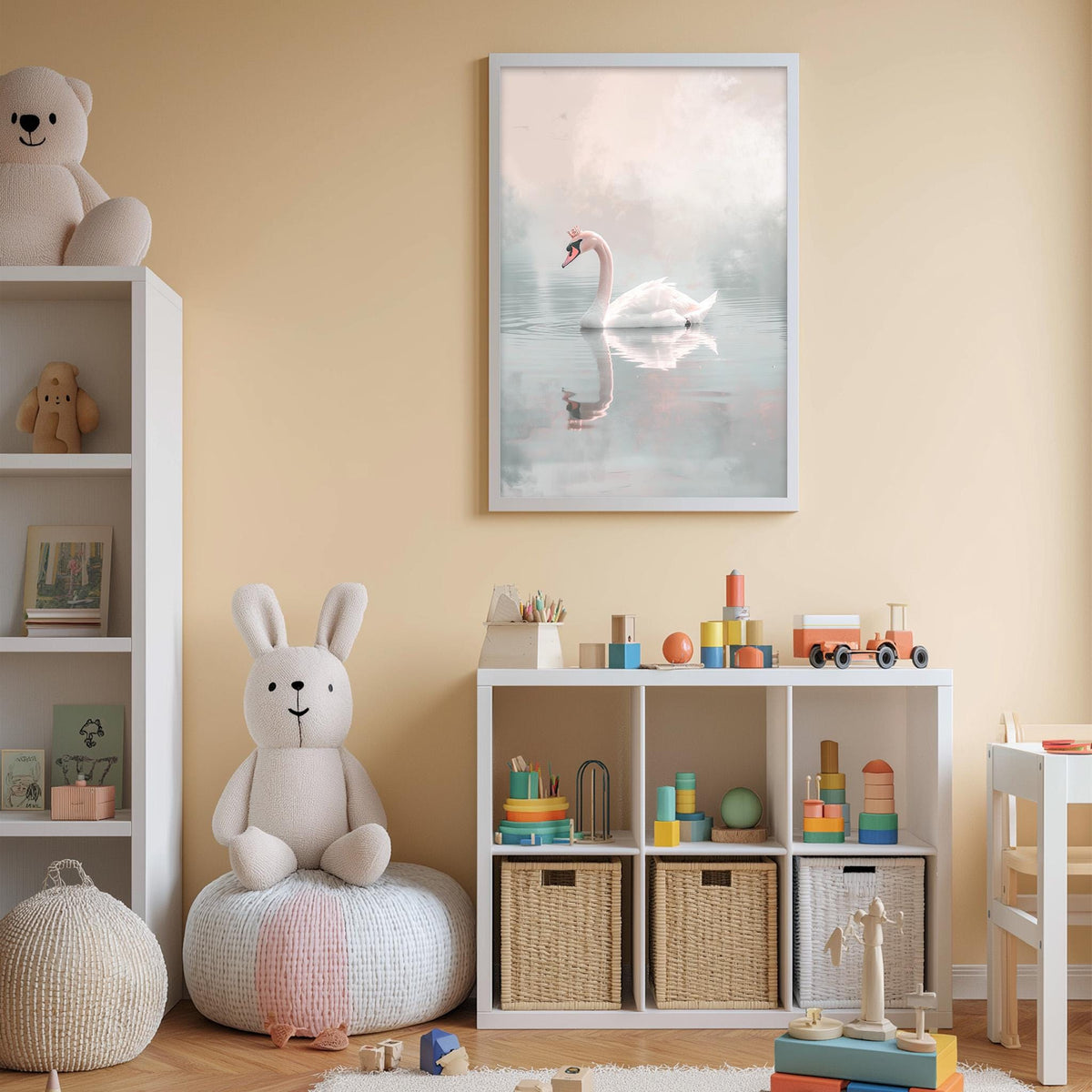 A cozy children's room with a white swan painting on the wall, a stuffed rabbit, a toy train, and a toy castle. The room also contains a bookshelf, storage bins, and a play area with various toys.