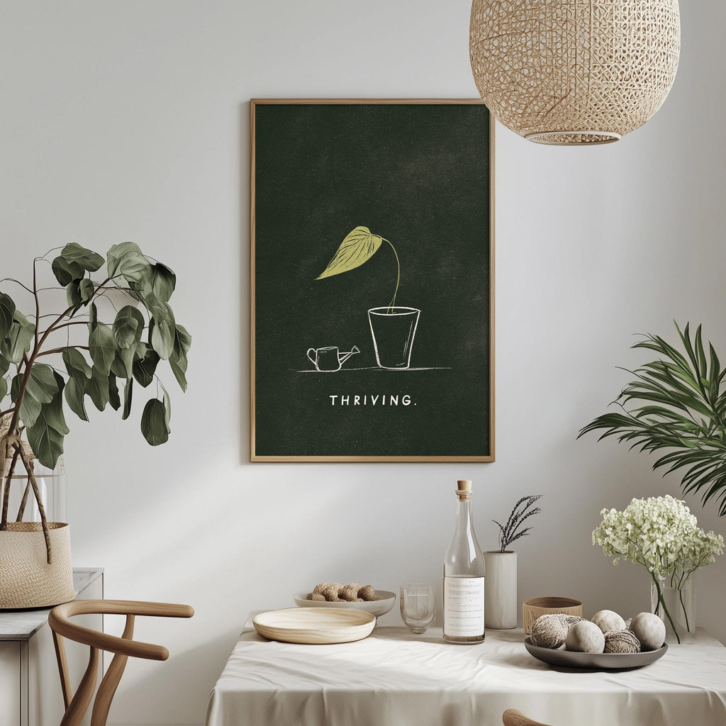 a dining table with a white tablecloth, a bowl of fruit, a bottle, and a vase with flowers. Above the table, there is a framed poster with a plant and the word "THRIVING" written on it.