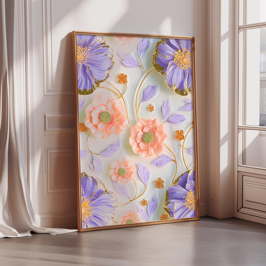 A framed artwork featuring a vibrant floral design with purple and orange flowers, along with green leaves, is displayed on a wall in a room with a window.