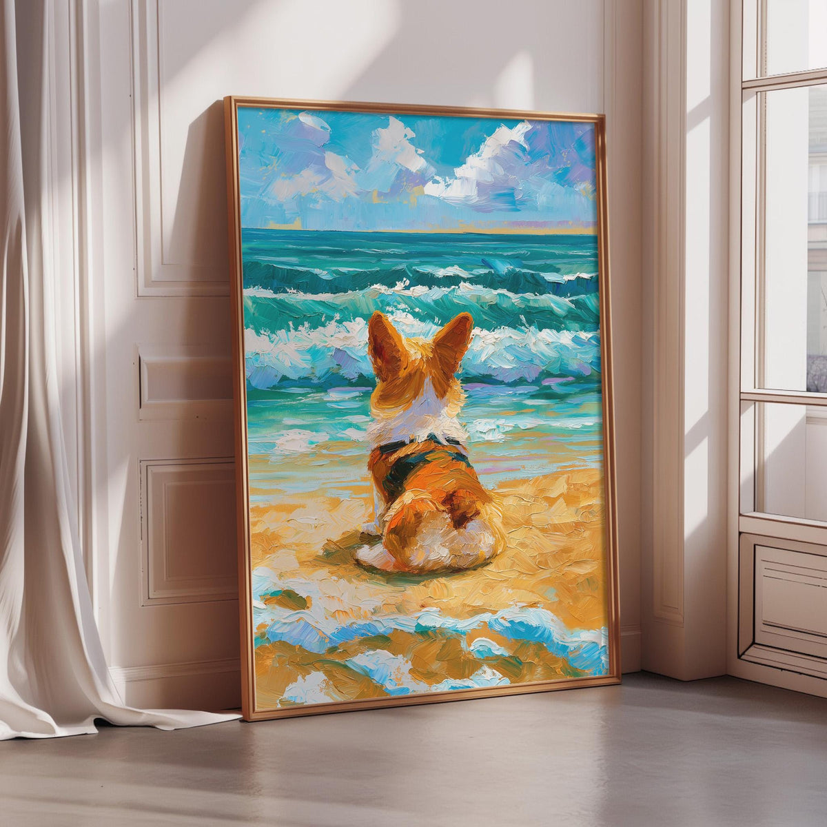 A framed painting depicting a dog sitting on a sandy beach, facing the ocean with waves crashing in the background.