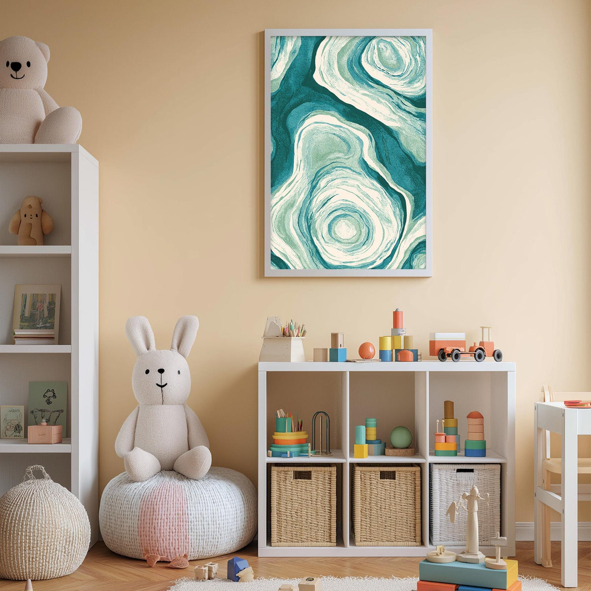 A cozy and colorful children's bedroom with a large abstract painting on the wall, a white bookshelf filled with toys, and a plush rabbit sitting on a bean bag chair.