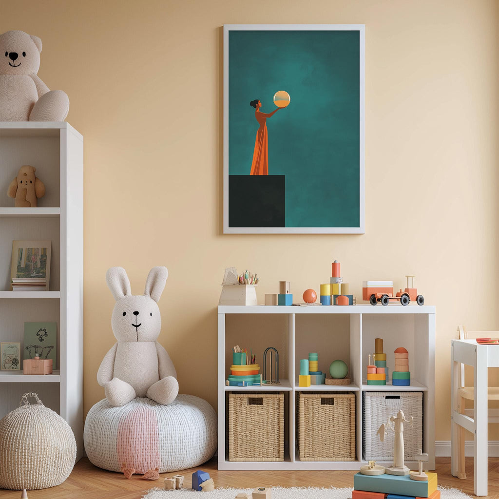 A cozy children's room with a white rabbit sitting on a bean bag chair, surrounded by shelves filled with toys and books, and a framed artwork depicting a woman reaching for a moon.